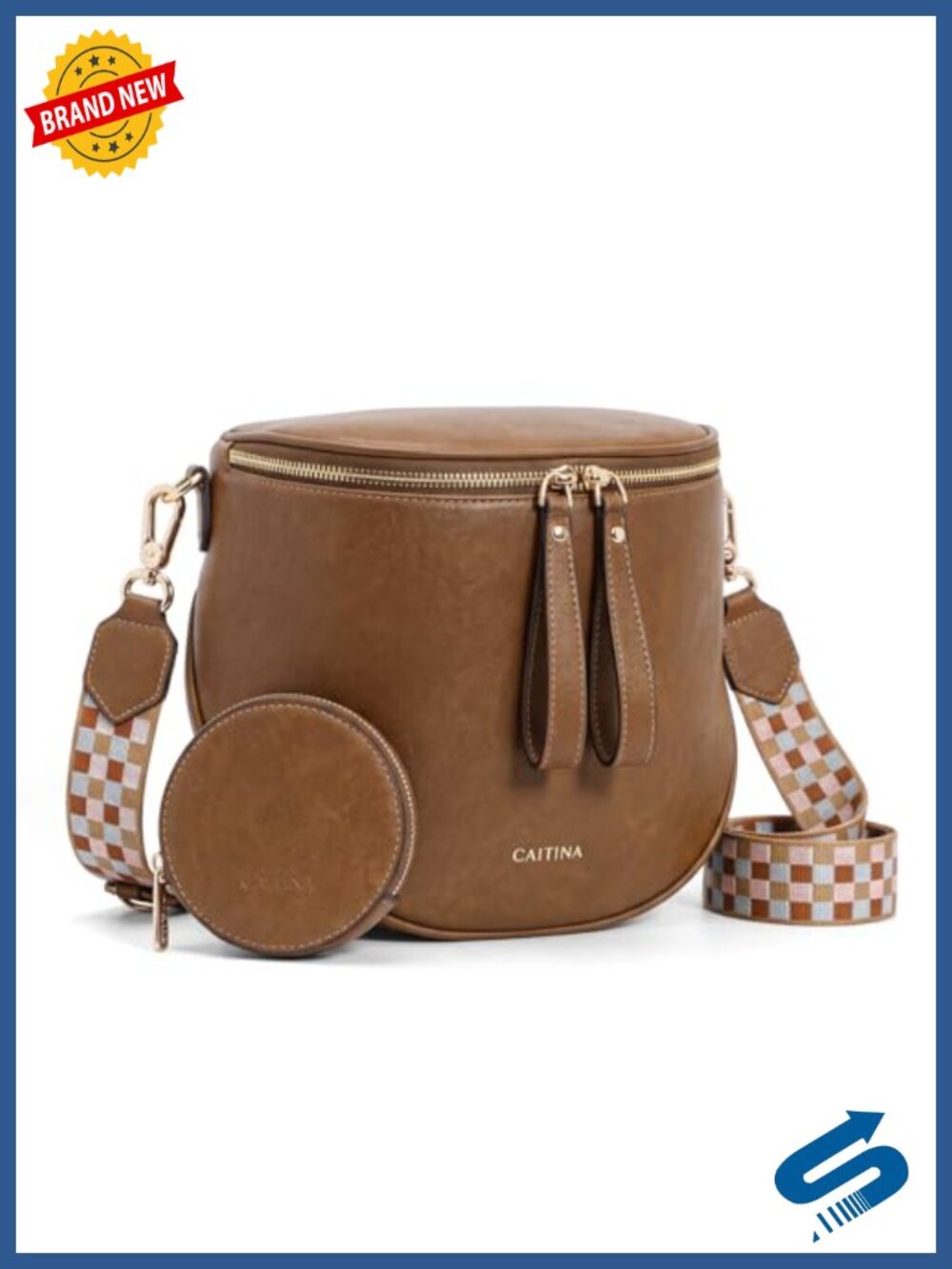 Large Vegan Leather Crossbody Bag with Adjustable Wide Strap and Earbuds Pouch